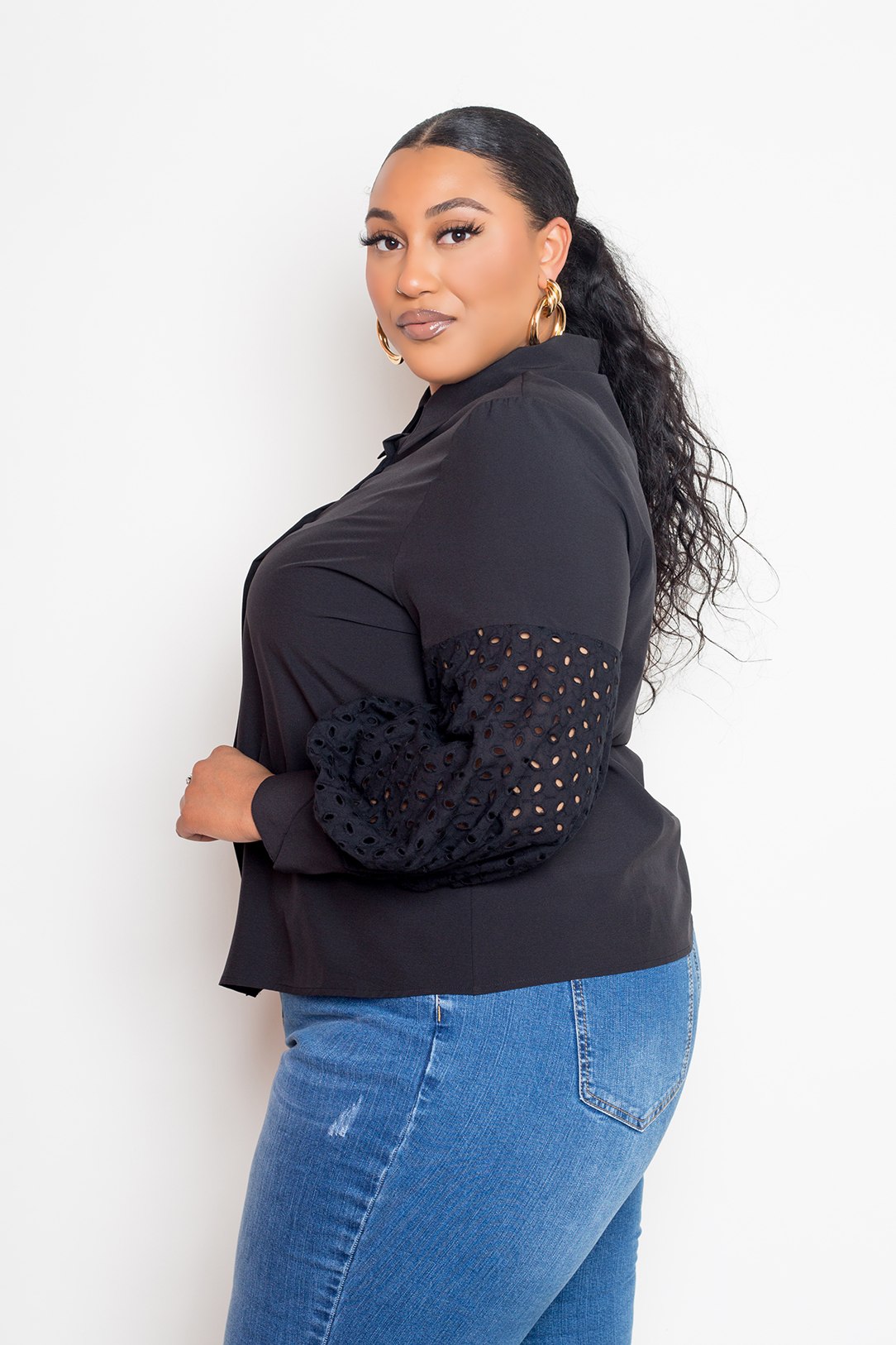 Blouse With Punched Sleeves — Black