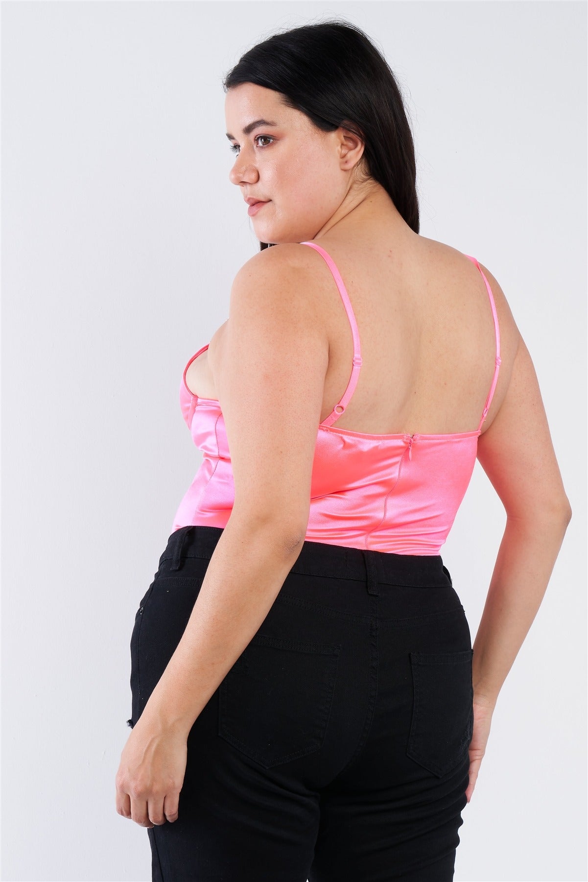 Plus Size Silk Chain Spaghetti Strap High Thong Center Cut Out Bodysuit — Neon Pink
