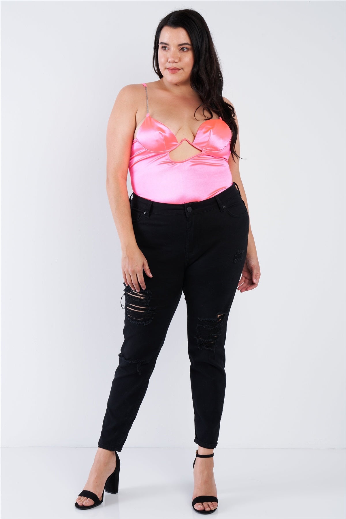 Plus Size Silk Chain Spaghetti Strap High Thong Center Cut Out Bodysuit — Neon Pink
