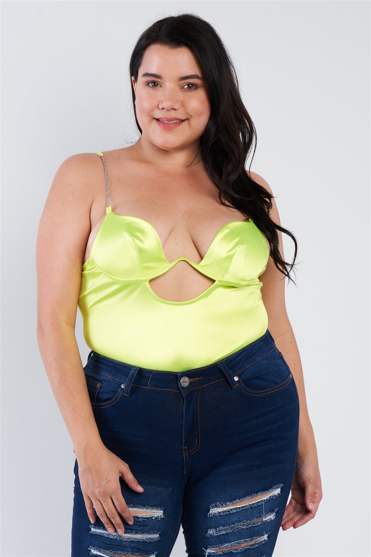Plus Size Silk Chain Spaghetti Strap High Thong Center Cut Out Bodysuit — Neon Yellow