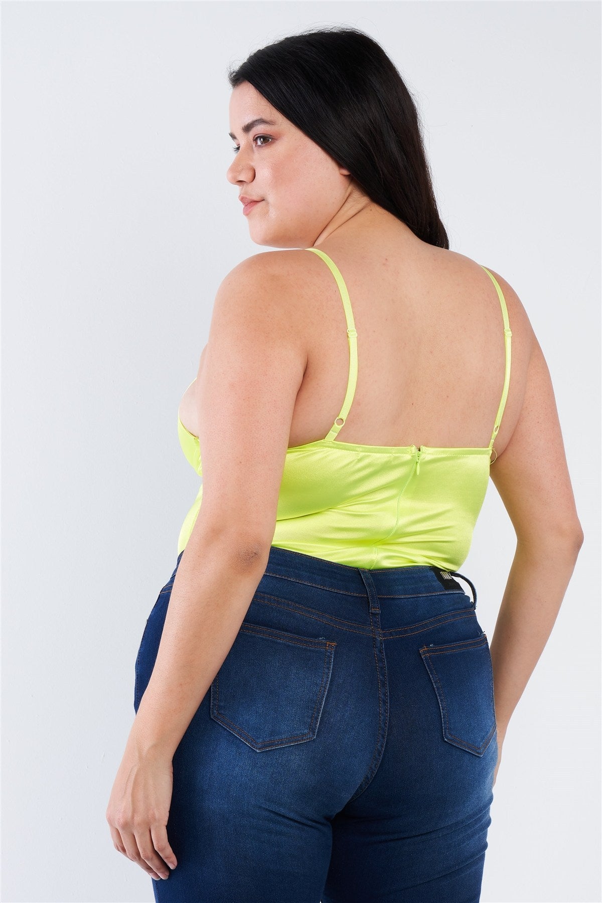 Plus Size Silk Chain Spaghetti Strap High Thong Center Cut Out Bodysuit — Neon Yellow