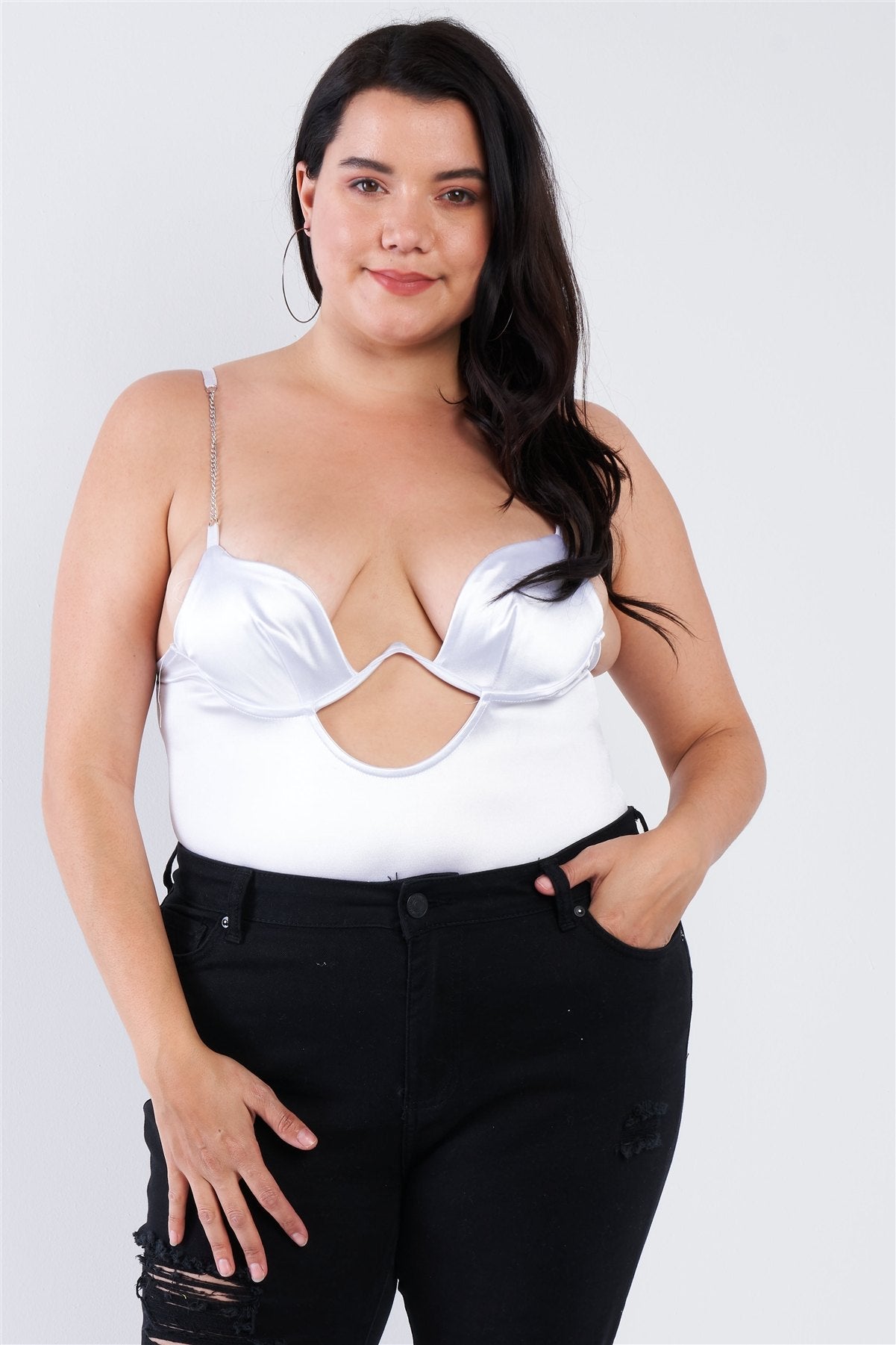 Plus Size Silk Chain Spaghetti Strap High Thong Center Cut Out Bodysuit — Neon White