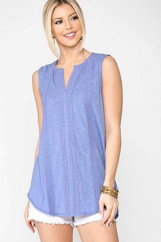 Sleeveless Lace Trim Tunic Top With Scoop Hem — Denim Blue