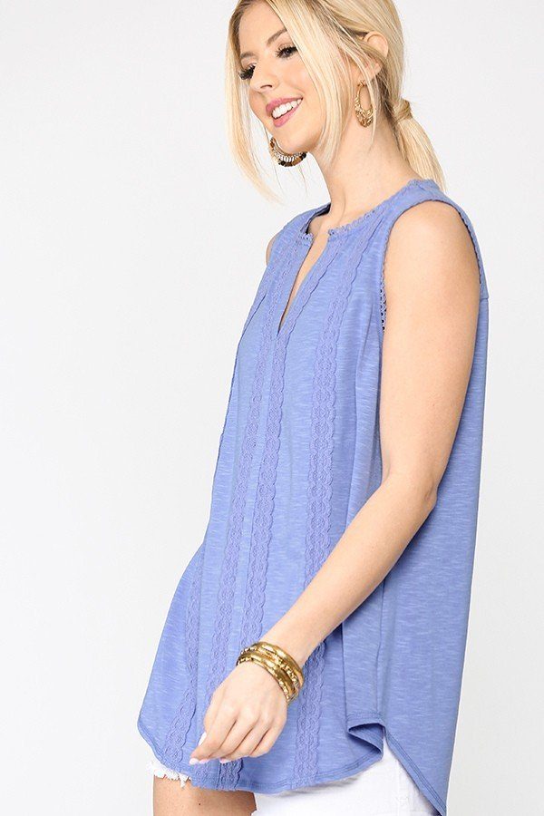 Sleeveless Lace Trim Tunic Top With Scoop Hem — Denim Blue