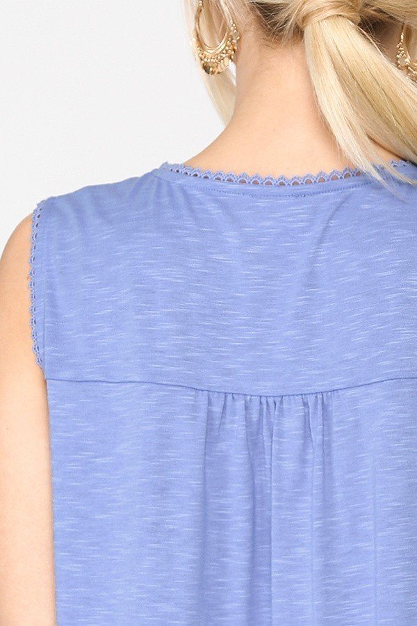 Sleeveless Lace Trim Tunic Top With Scoop Hem — Denim Blue