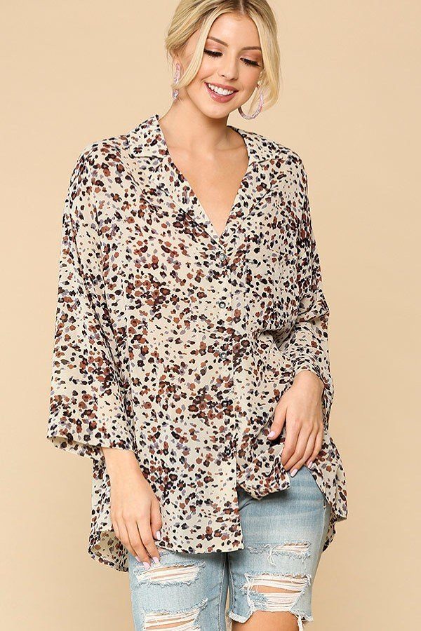 Animal Print Button Down Lapel Collar Shirt With Chest Pocket — Cream Mix