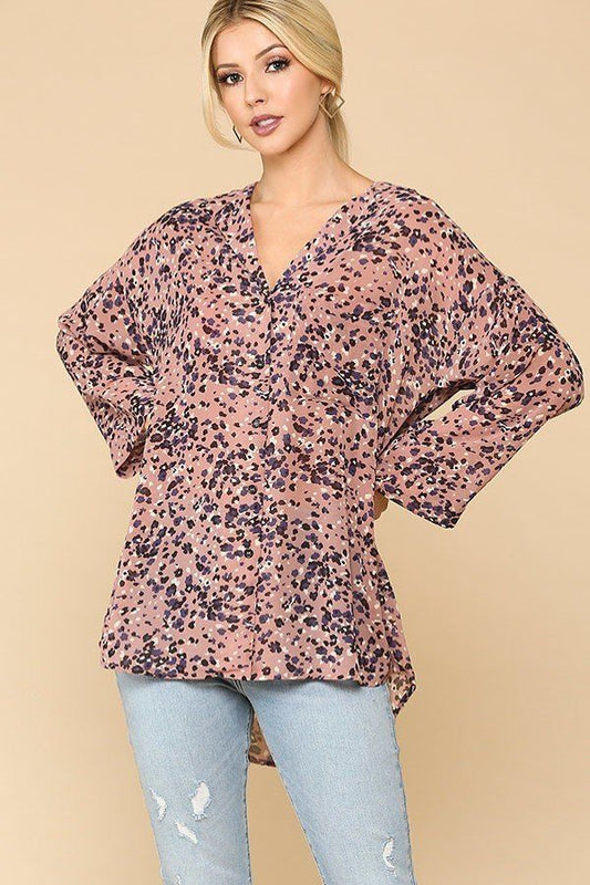 Animal Print Button Down Lapel Collar Shirt With Chest Pocket — Light Rose Mix