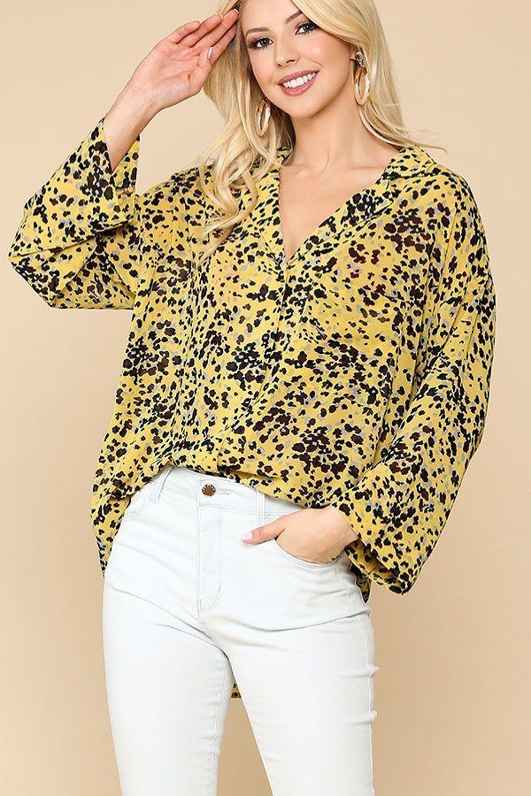 Animal Print Button Down Lapel Collar Shirt With Chest Pocket — Golden Mix