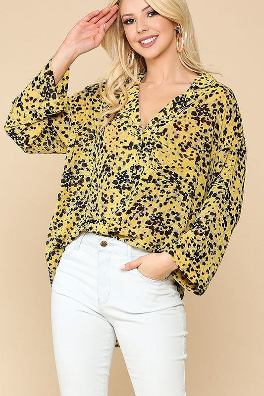 Animal Print Button Down Lapel Collar Shirt With Chest Pocket — Golden Mix