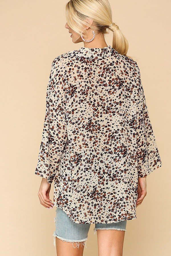 Animal Print Button Down Lapel Collar Shirt With Chest Pocket — Cream Mix