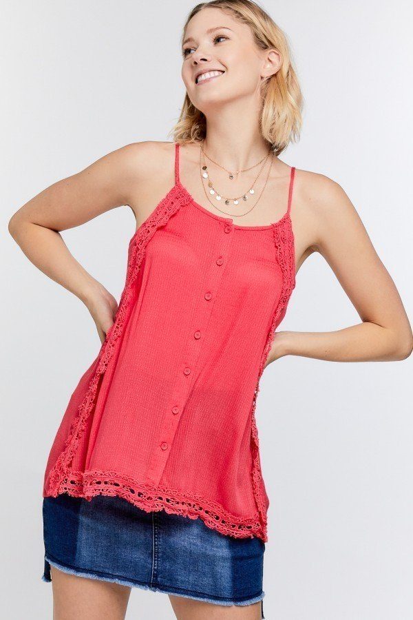 Boho Scallop Lace Trim Detailed Button Down Solid Subtle Textured Slit Side Overlay Layered Cami Top — Style 3