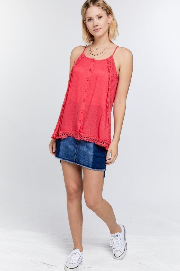 Boho Scallop Lace Trim Detailed Button Down Solid Subtle Textured Slit Side Overlay Layered Cami Top — Style 3