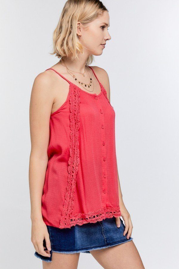 Boho Scallop Lace Trim Detailed Button Down Solid Subtle Textured Slit Side Overlay Layered Cami Top — Style 3