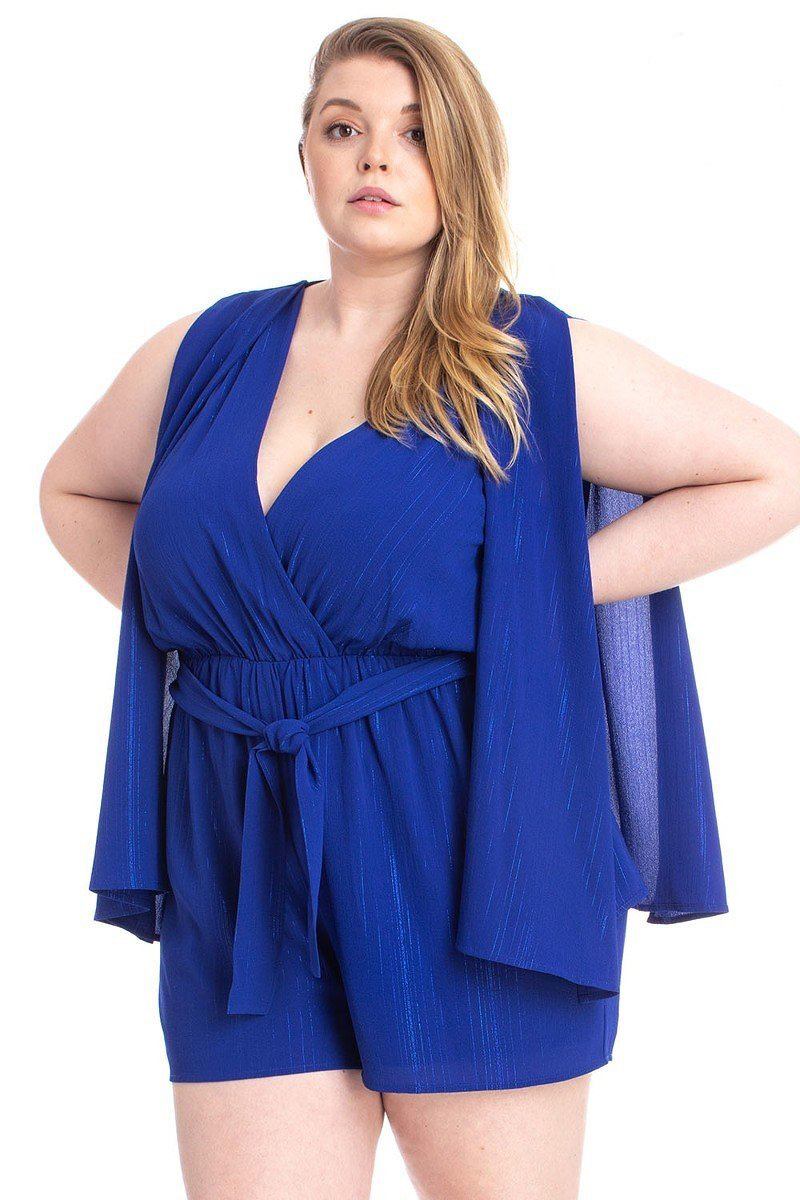 Shimmer Fabric Draped Open Sleeve Romper — Royal