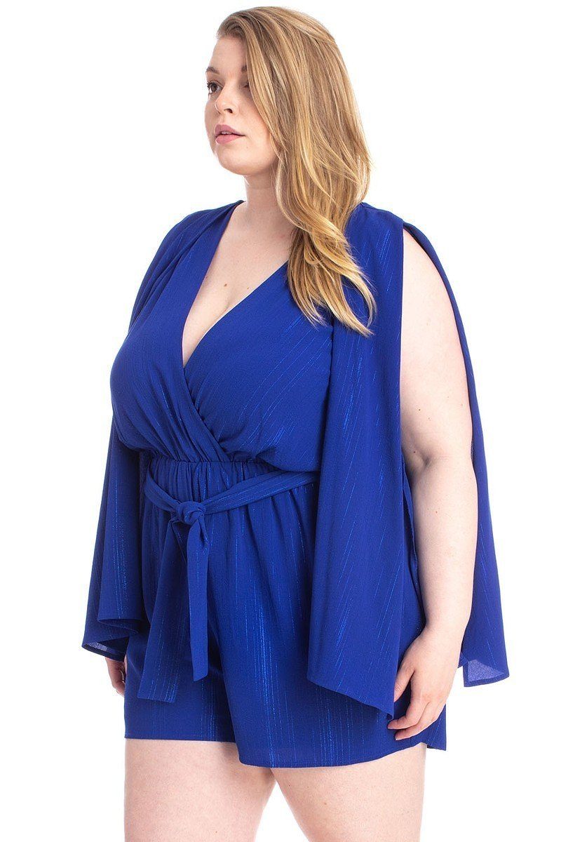 Shimmer Fabric Draped Open Sleeve Romper — Royal