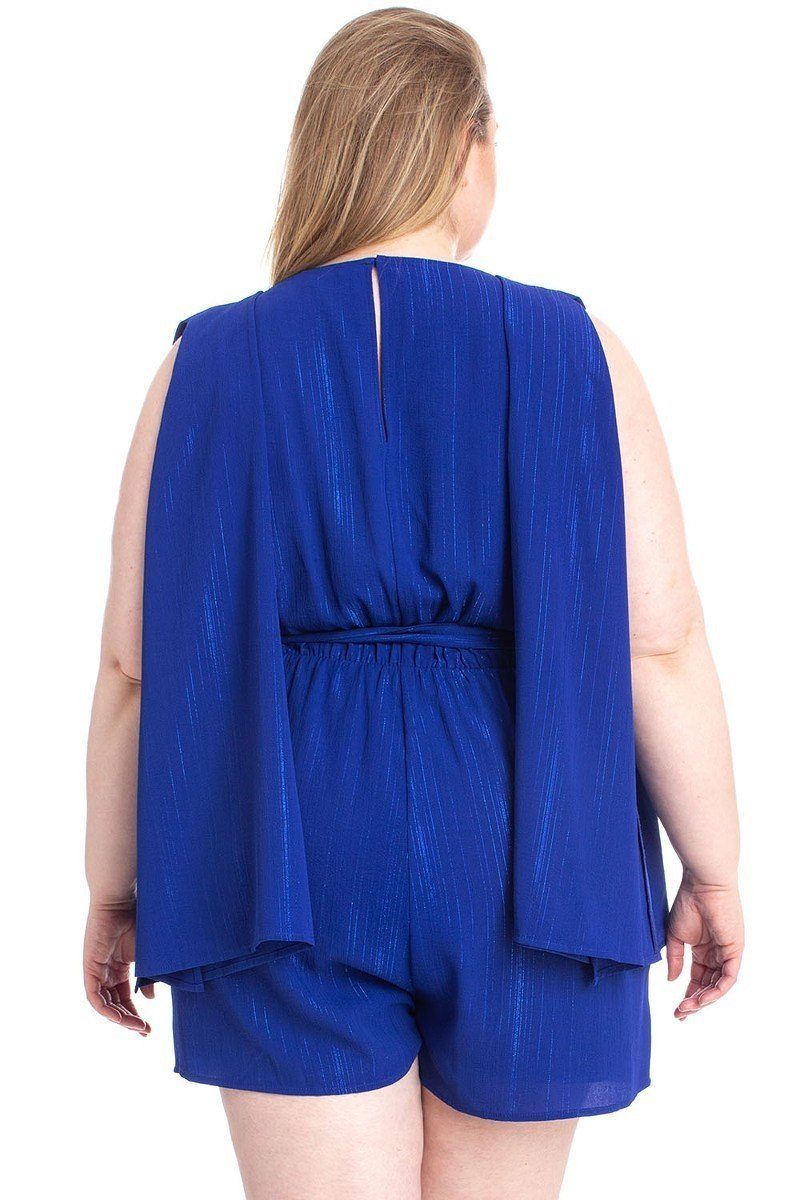 Shimmer Fabric Draped Open Sleeve Romper — Royal