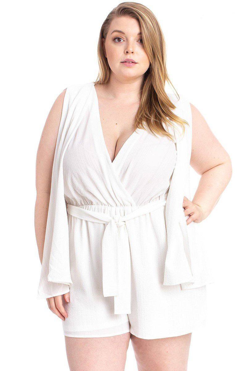 Shimmer Fabric Draped Open Sleeve Romper — Ivory