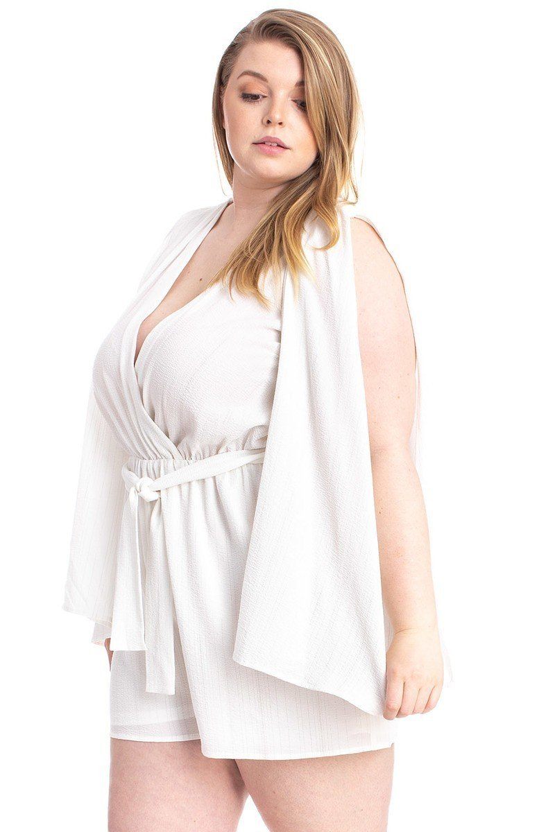 Shimmer Fabric Draped Open Sleeve Romper — Ivory