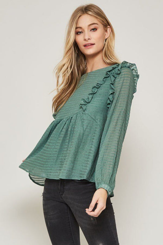 A Semi-sheer Striped Woven Top — Green