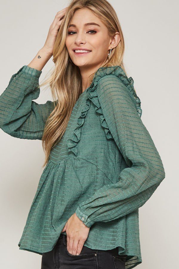 A Semi-sheer Striped Woven Top — Green