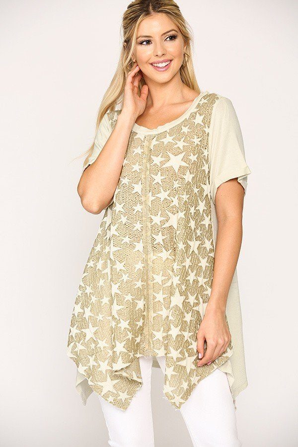 Star Textured Knit Mixed Tunic Top With Shark Bite Hem — Golden Sand