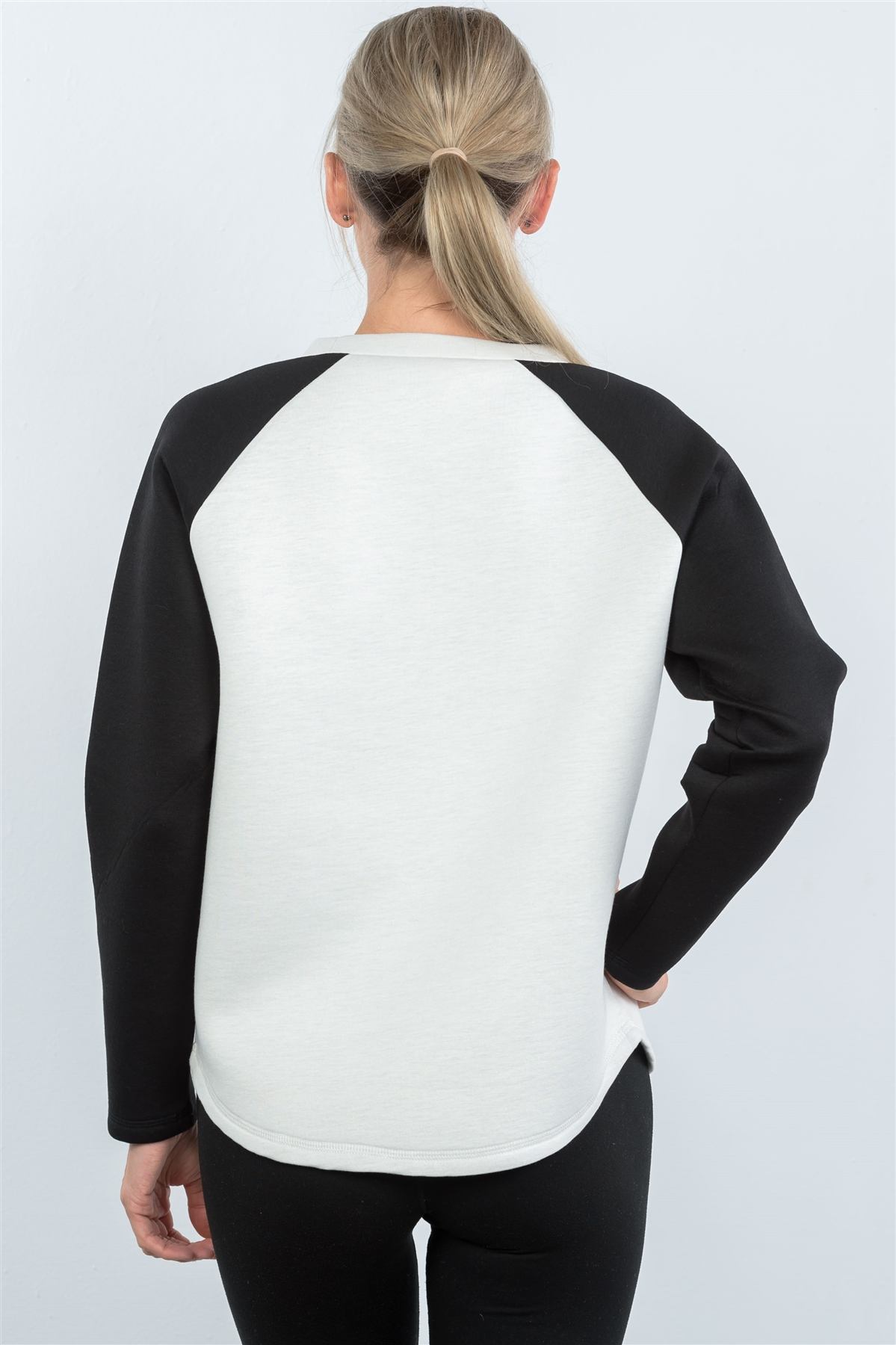 Contrast Sleeve Curved Hem Sweater — White