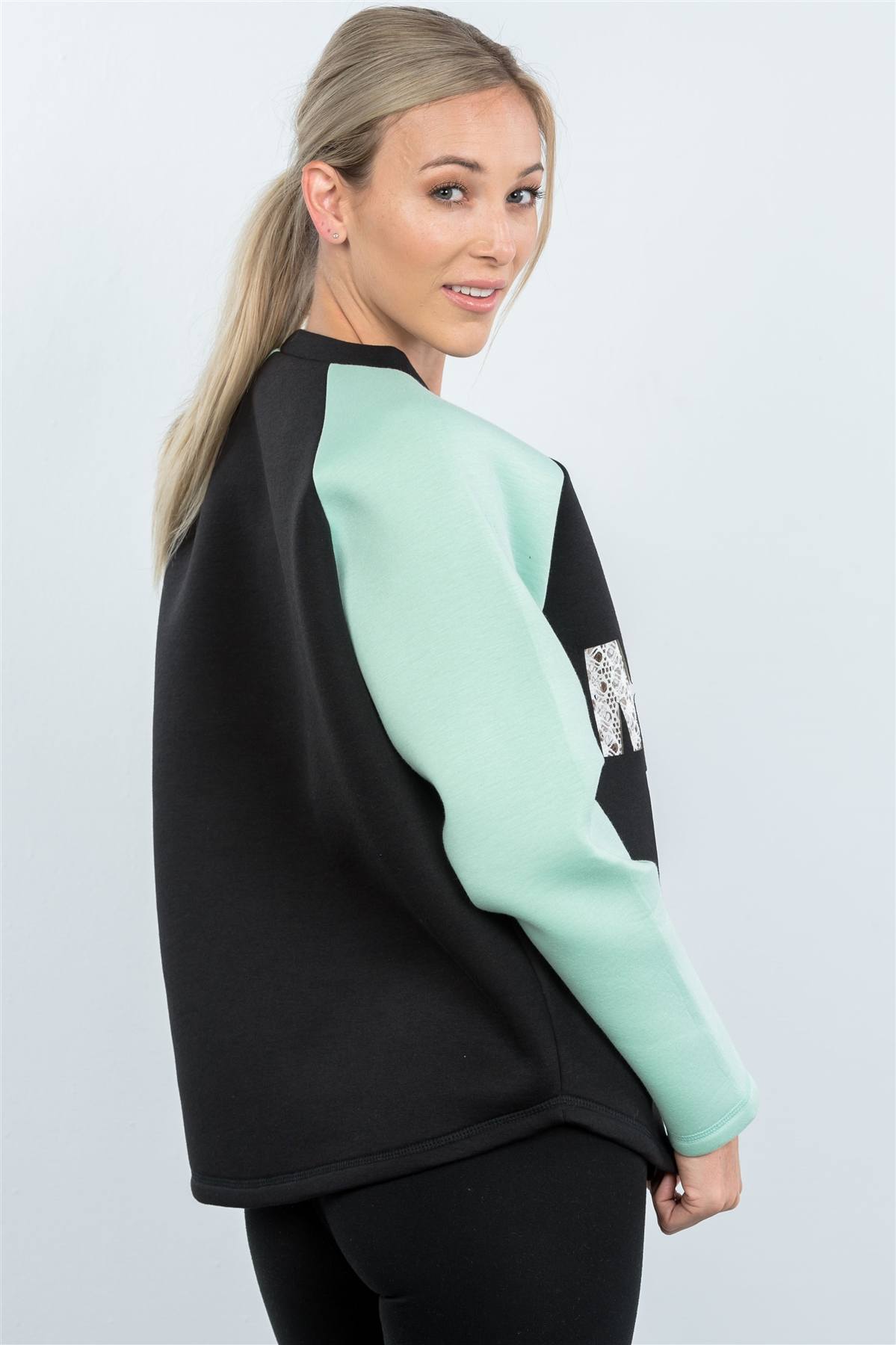 Contrast Sleeve Curved Hem Sweater — Black