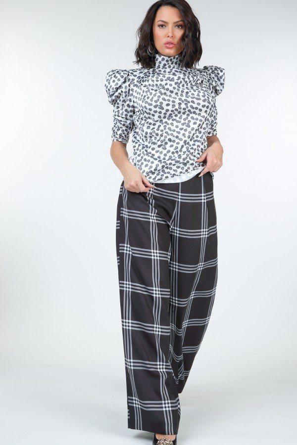 High Waist Plaid Print Wide Leg Pants — Style 2