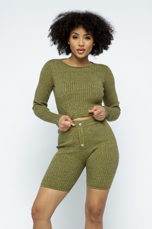 Knit Long Sleeve Cropped Top Knit High-waist Biker Shorts Set — Style 1