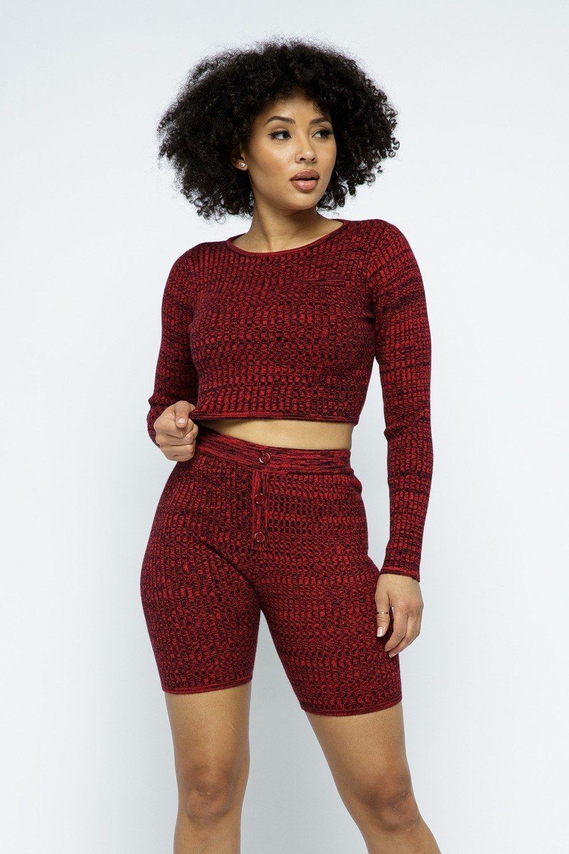 Knit Long Sleeve Cropped Top Knit High-waist Biker Shorts Set — Style 2