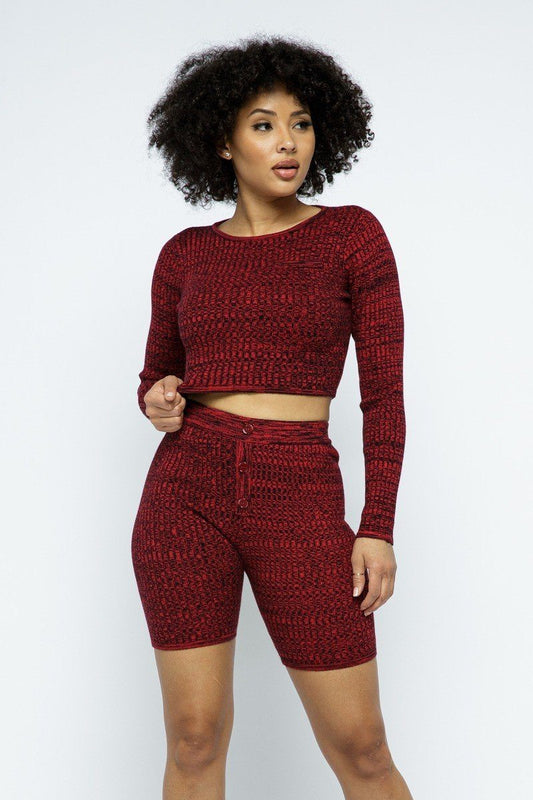 Knit Long Sleeve Cropped Top Knit High-waist Biker Shorts Set — Style 2
