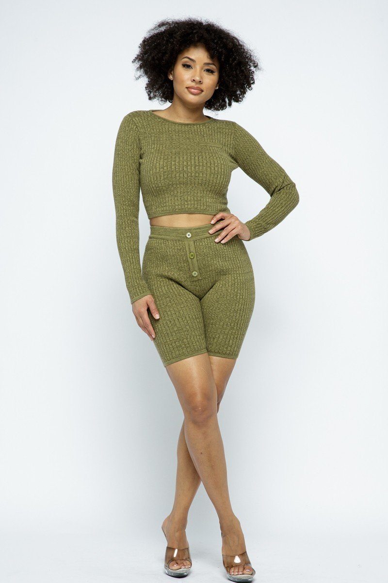 Knit Long Sleeve Cropped Top Knit High-waist Biker Shorts Set — Style 1