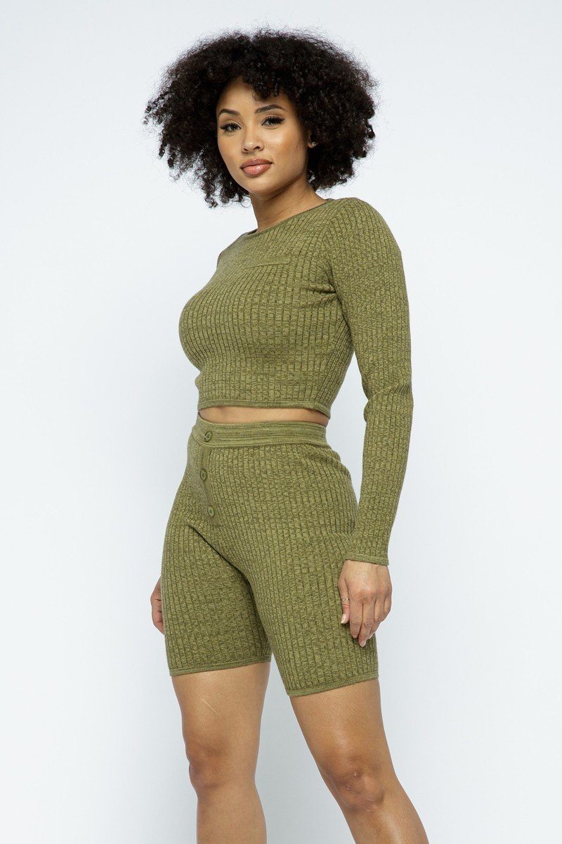 Knit Long Sleeve Cropped Top Knit High-waist Biker Shorts Set — Style 1