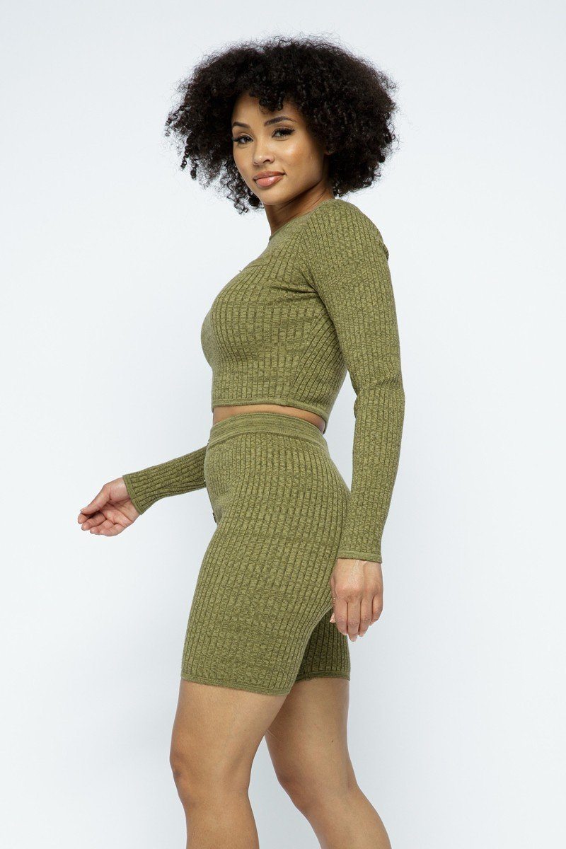 Knit Long Sleeve Cropped Top Knit High-waist Biker Shorts Set — Style 1