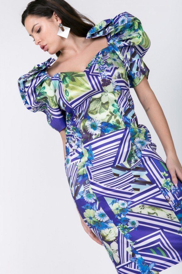 Puff Sleeve Bodycon Print Dress — Lime/Blue