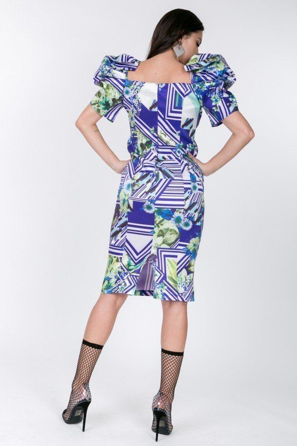 Puff Sleeve Bodycon Print Dress — Lime/Blue