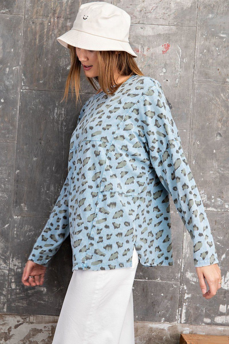 Leopard Printed Garment Dye Loose Fit Knit Top — Faded Blue