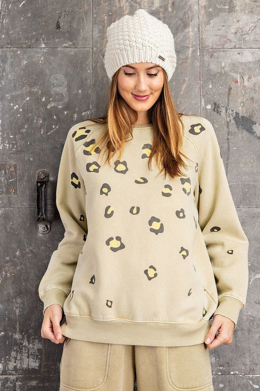 Long Sleeve Leopard Print Washed Terry Sweatshirt — Khaki