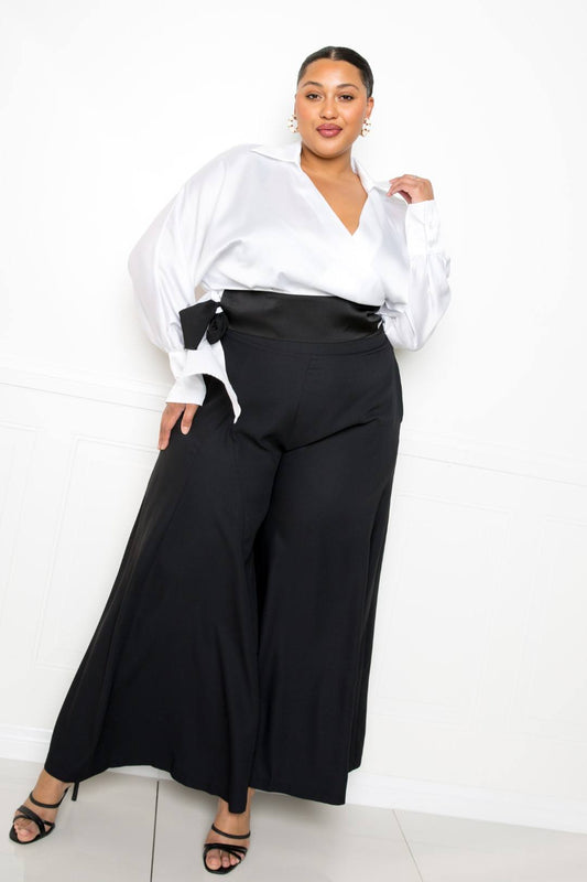 Satin Long Sleeve Tie Waist Wrap Top — White