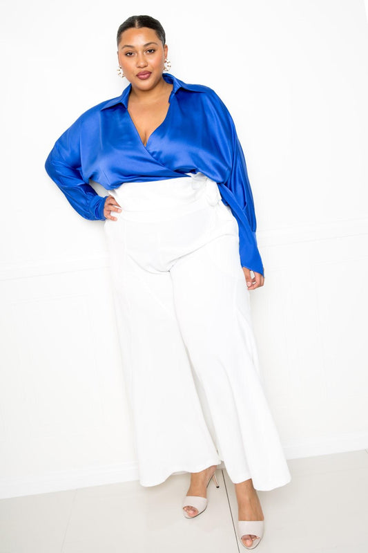 Satin Long Sleeve Tie Waist Wrap Top — Royal