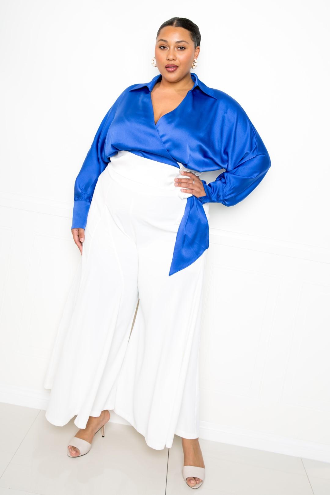 Satin Long Sleeve Tie Waist Wrap Top — Royal