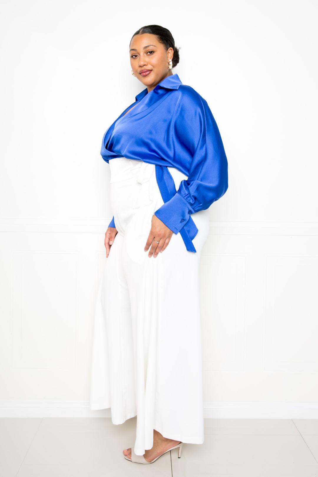 Satin Long Sleeve Tie Waist Wrap Top — Royal