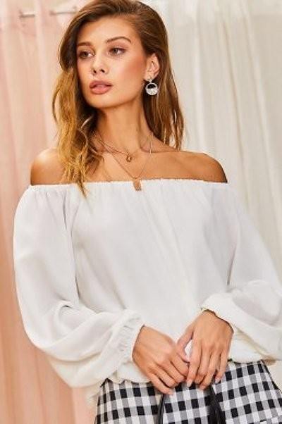 Off Shoulder Long Bubble Sleeve Solid Top — Style 2
