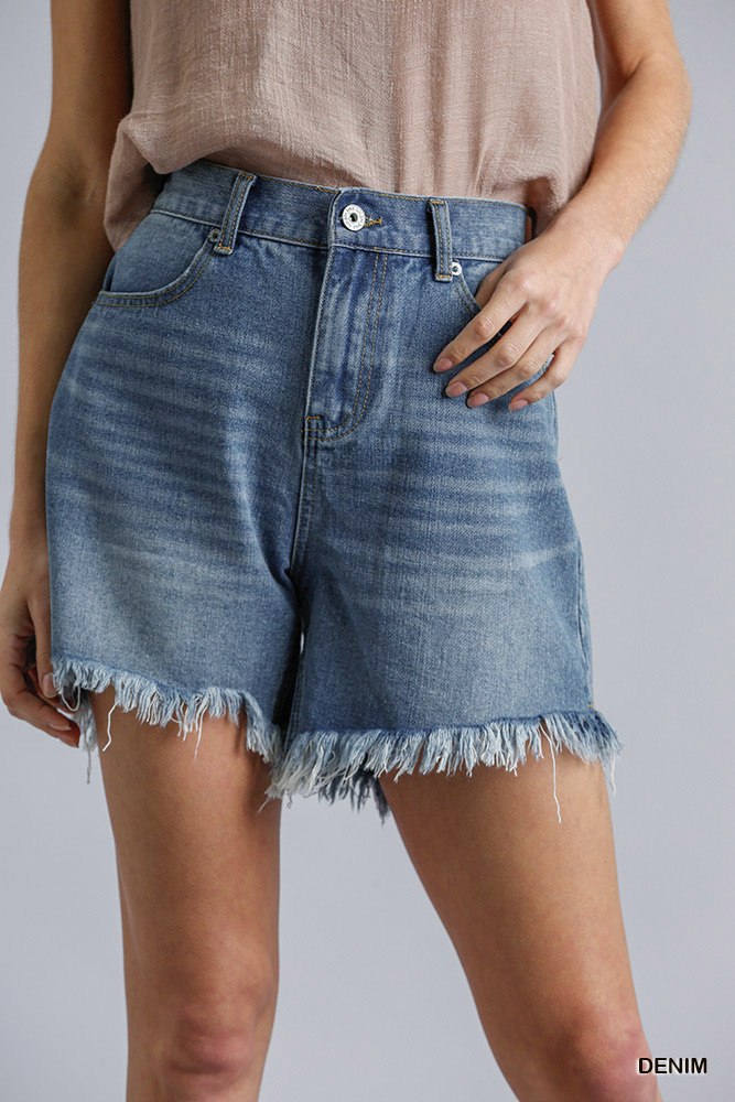 High Rise Denim Shorts With Raw Hem — Denim