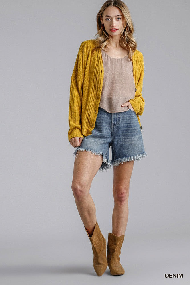 High Rise Denim Shorts With Raw Hem — Denim