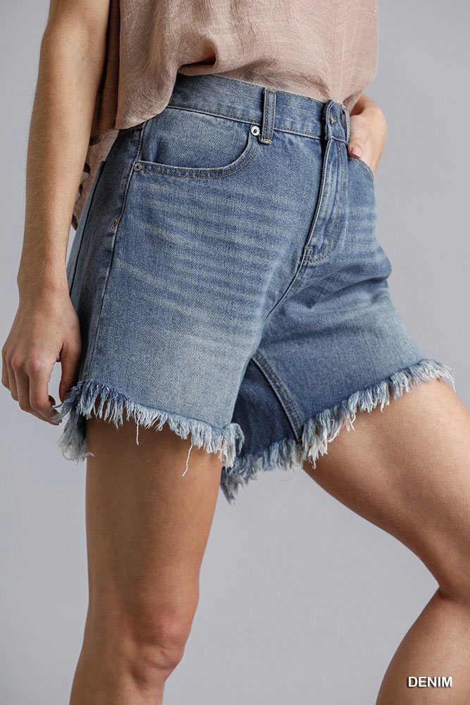 High Rise Denim Shorts With Raw Hem — Denim