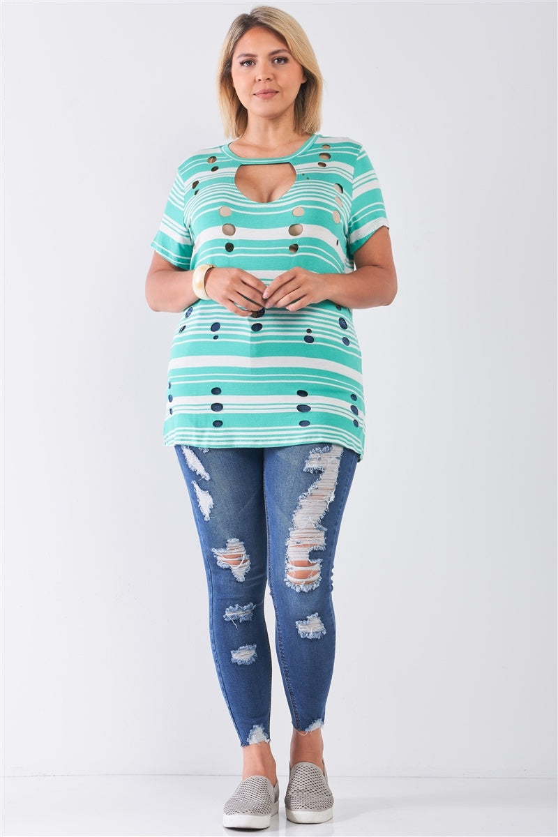 Plus Striped And Distressed Cut-out Top — Mint