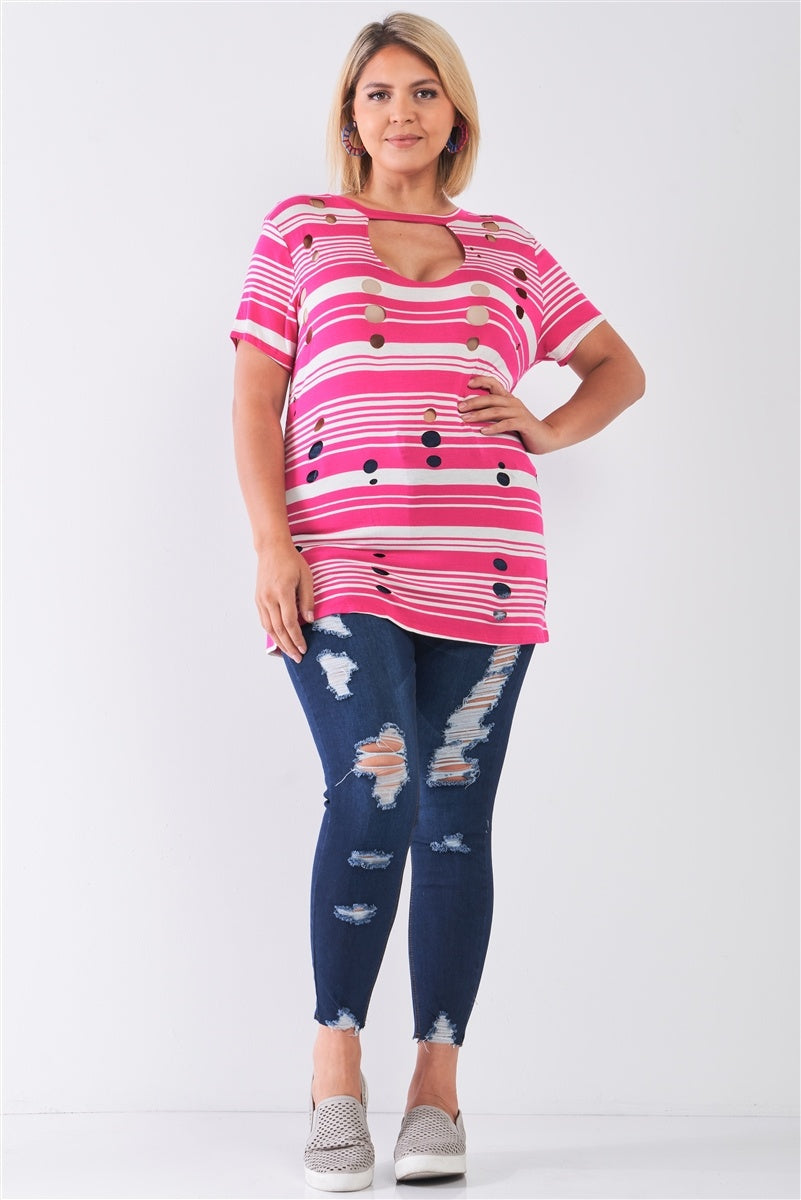 Plus Striped And Distressed Cut-out Top — Fuchsia