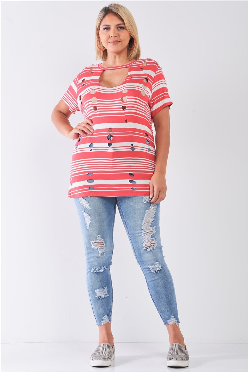 Plus Striped And Distressed Cut-out Top — Coral