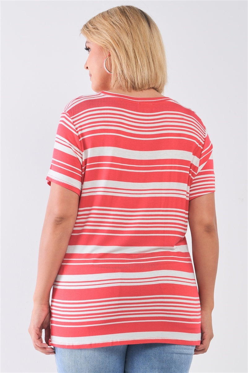 Plus Striped And Distressed Cut-out Top — Coral